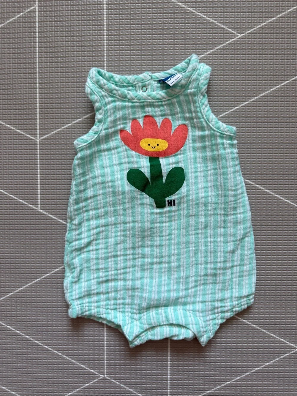 Old Navy|Baby girl teal checkered sleeveless Romper with Smiling Flower/Tulip•••
